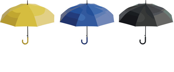 Obraz premium Simple Umbrella Set in Yellow, Blue, and Black Colors, Minimalist Design for Rain Protection and Outdoor Accessories