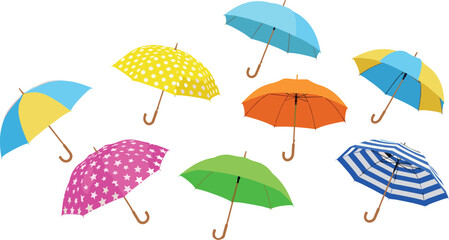 Obraz premium Colorful Umbrella Set with Various Fun Patterns and Bright Shades, Perfect for Summer, Rain, and Outdoor Fun