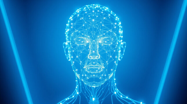 A futuristic digital illustration of a human face with glowing blue lines and dots on a dark blue background