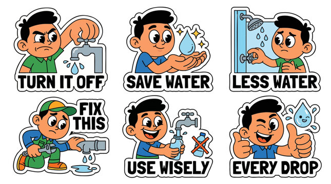 Save water cartoon sticker set flat vector featuring water conservation tips turn it off fix leaking pipes less water in shower use wisely and every drop counts for environmental awareness pack