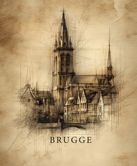Naklejka premium This sepia sketch depicts the historic skyline of Brugge with a tall church spire rising above traditional buildings. The city name is printed clearly at the bottom of the vintage style artwork.