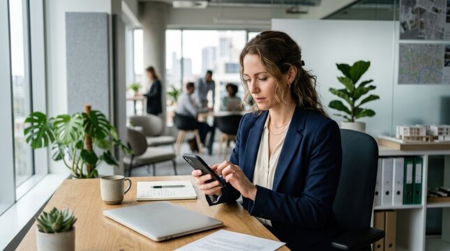 Woman typing on smartphone in office for real estate communication, modern workspace, focused posture, soft lighting, photorealistic detail, shot on Canon EOS R6,no logos
