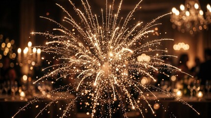 Obraz premium Champagne gold sparkles bursting like delicate fireworks, magical glitter particles scattering in warm metallic tones, celebratory luminous atmosphere, refined premium look, photorealistic overlay