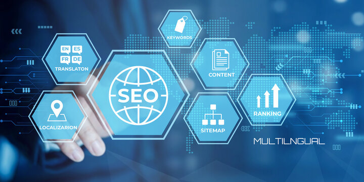Digital marketing strategy with SEO website optimization and multilingual content translation concepts visualized on a global network background