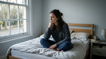 A thoughtful woman sitting on a bed in morning light, contemplative expression suggesting emotional distress, soft natural light entering through window, minimal bedroom interior with muted tones,