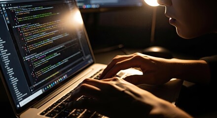 Fototapeta premium Person coding on laptop illuminated by overhead light in dark environment