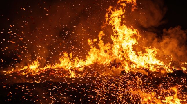 Fire and sparks background with glowing yellow and orange flames, drifting embers and intense heat shimmer, dramatic fiery atmosphere, photorealistic, ultra-detailed, high contrast,no logos