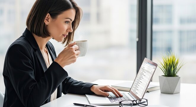 Woman works on laptop drinking coffee near window sunlight interior design