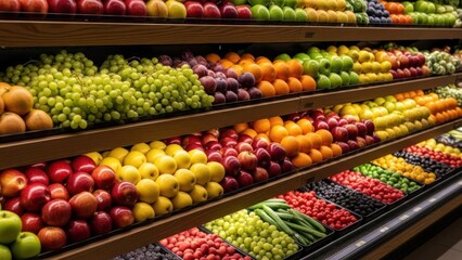Obraz premium Shelves brimming with various colorful fresh fruits in a grocery store display
