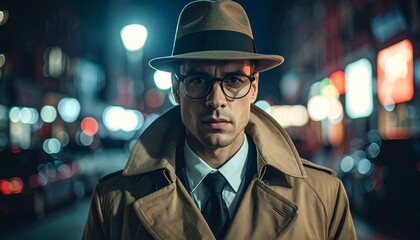 Man in Trench Coat and Fedora at Night.