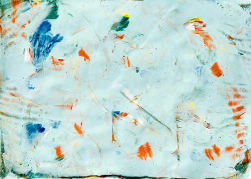 Abstract Gelli Print Texture with Light Blue Background and Colorful Structures. Ideal for background, poster, branding, packaging, social media, web design, editorial, wall art.