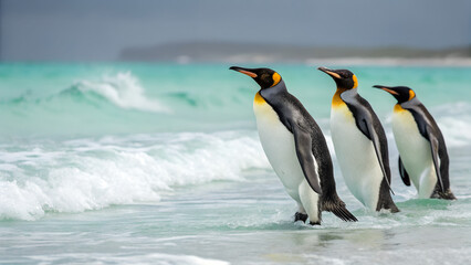 Fototapeta premium Group of King Penguins standing on beach by ocean waves
