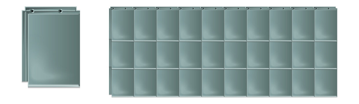 Modern tealcolored rectangular metal roofing tiles arranged in overlapping patterns for construction purposes transparent background