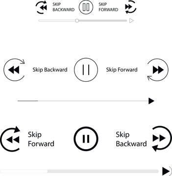 Set of media player control icons with pause button and skip buttons