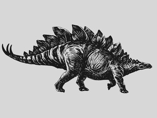 Black and white engraving style illustration of stegosaurus with detailed linework, expressive hatching and vintage texture, isolated on light background. Perfect for posters, prints and design. © Aneta