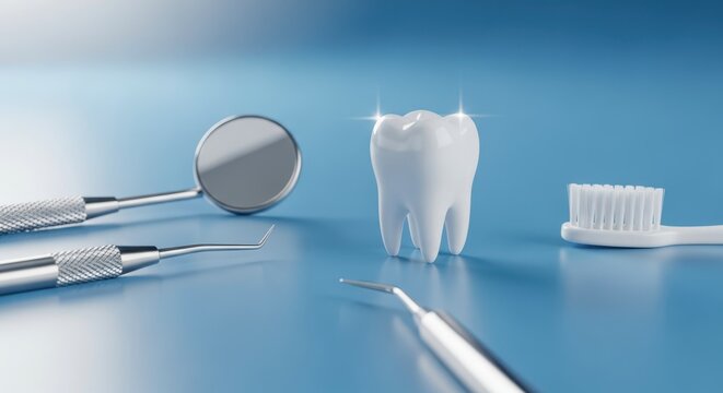 Dental care concept with tooth model mirror scaler and toothbrush on clean blue background representing oral hygiene and healthcare