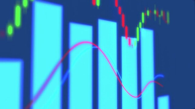 A video showcasing a dynamic stock market graph with fluctuating trends and colorful indicators on a blue background