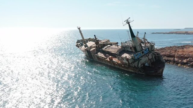 Edro III, an old cargo ship slowly rusting and sinking into the calm clear blue Mediterranean Sea close to the rocky Paphos coastline in Cyprus, creating a striking scene. Aerial drone flight panorama