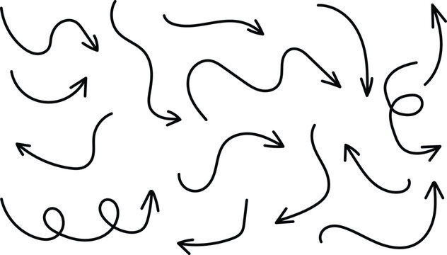 Hand drawn line arrows icons set. Arrow vector elements hand drawn arrows brush stroke curly arrow. Vector Icon