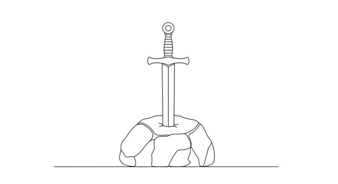 Sword Stuck in Stone Line Art Illustration Isolated on White Background