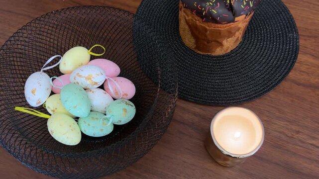Traditional easter cake panettone and decorative eggs