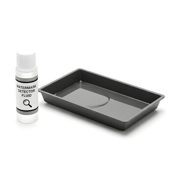 Watermark detector fluid and tray, ideal for document examination. The bottle and tray are in perfect condition