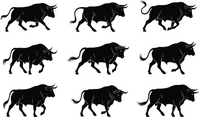 Obraz premium Bull silhouettes, walking motion, running bull, muscular animal, horned cattle, wildlife illustration, strength and power, animal posture, dynamic movement, farm animal