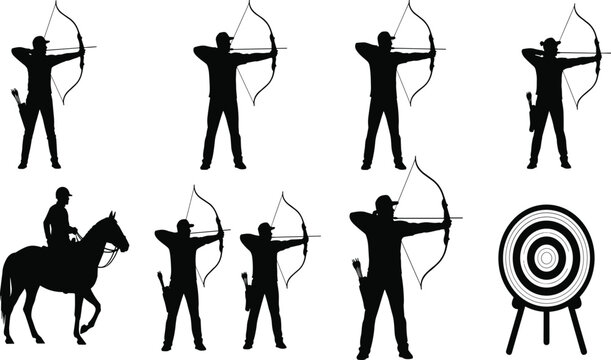 Archery silhouettes, bow aiming, mounted archer, target practice, sports illustration, precision shooting, horse rider archery, outdoor activity, athlete posture, competitive discipline