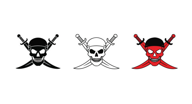Three stylized pirate skull and crossbones emblems with crossed swords in black, white, and red on a white background