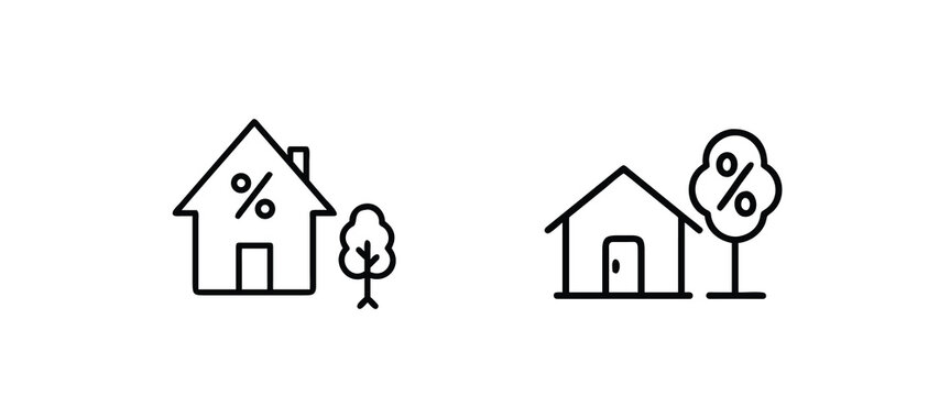 Real estate and property tax outline icon set featuring house with percentage sign and home investment for mortgage loan more vector illustration on editable stroke.