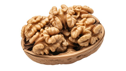 Obraz premium A wooden bowl filled with walnuts on transparent background
