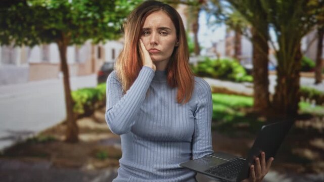 Woman holding laptop with hand on cheek showing toothache on street near trees and building facades; discomfort remote work.