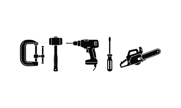 Iconic set of tools illustrated in a minimalist black and white style