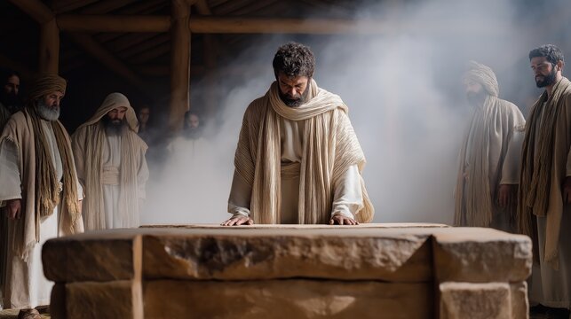 Aaron standing silent beside the tabernacle after the death of his sons, restraining grief in obedience to God, a solemn moment of holiness and discipline in the biblical account (Leviticus 10:1&ndash;3).