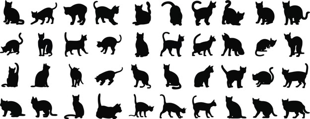 Fototapeta premium Black Cat Silhouettes in Various Poses, Minimalist Feline Vector Collection Isolated on White Background, Elegant Sleek Cats for Logos, Decals, Apparel Design and Modern Graphic Use