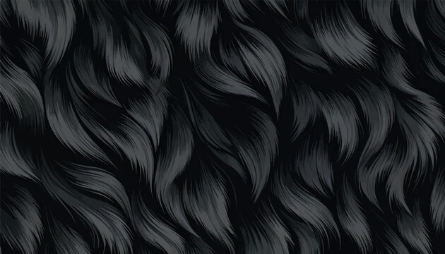 Seamless black and dark gray fur texture pattern with flowing wavy strands and soft highlights. Luxury abstract background for fashion, textile design, branding, packaging, and premium decorative use.