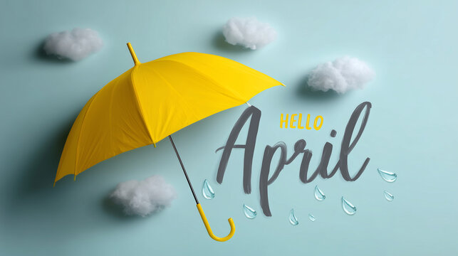 Minimal Hello April spring illustration with umbrella and rain, pastel vector greeting card, April weather banner, hand lettered seasonal design, rainy spring background, cute mode