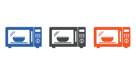Fototapeta premium Three modern kitchen microwave ovens in blue, black, and orange colors with bowls inside, isolated on white background
