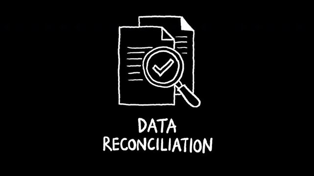 Hand drawn data reconciliation text with document and magnifying glass check mark icon, 4k animated video, alpha transparent video