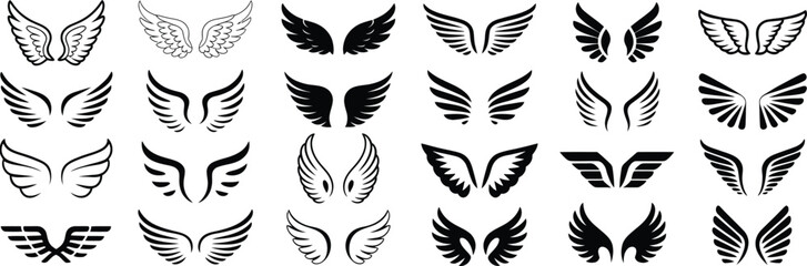 Naklejka premium Black Wings Silhouette Vector Set, Detailed Feather and Scale Wing Designs, Ideal for Logo, Emblem and Badge Creation, Heraldry, Animal Symbolism and Creative Graphic Illustration Projects