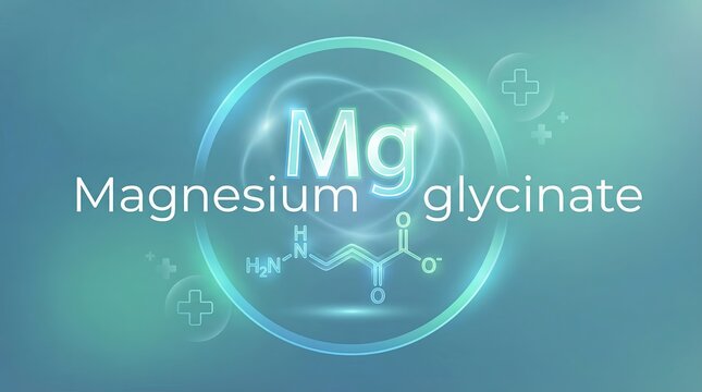 Magnesium glycinate compound displayed with its chemical symbol and molecular structure, representing an essential mineral for health, nutrition, and scientific research