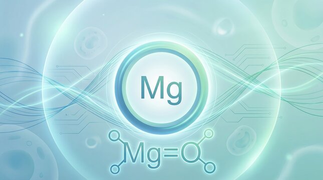 Magnesium element symbol Mg inside a glowing ring with magnesium oxide molecular structure, depicting nutritional supplements and health benefits