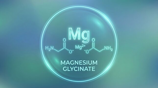 Magnesium glycinate chemical structure artwork featuring its molecular formula and name within a circular, glowing interface, representing a key compound for health and well being