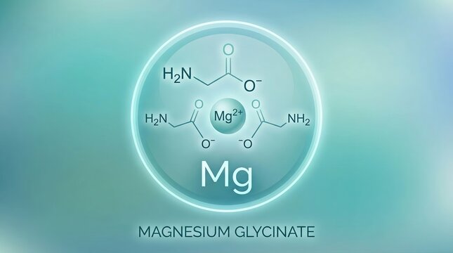 Magnesium glycinate molecular structure illustrating the central Mg2 plus ion chelated by two glycinate ligands, symbolizing its enhanced absorption and bioavailability