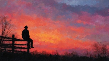 Obraz premium Silhouette of cowboy sitting on wooden fence against vast dramatic red orange painterly sunset sky