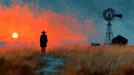 Fototapeta premium Silhouette of cowboy standing on prairie at dramatic sunset with windmill and barn western landscape