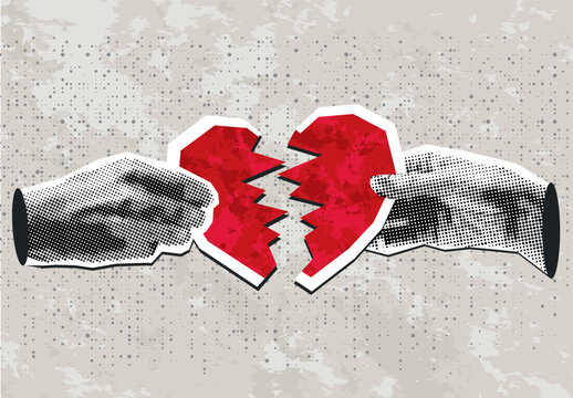 Trendy halftone collage with Hands holding a red broken heart. Modern collage style. Vector illustration

