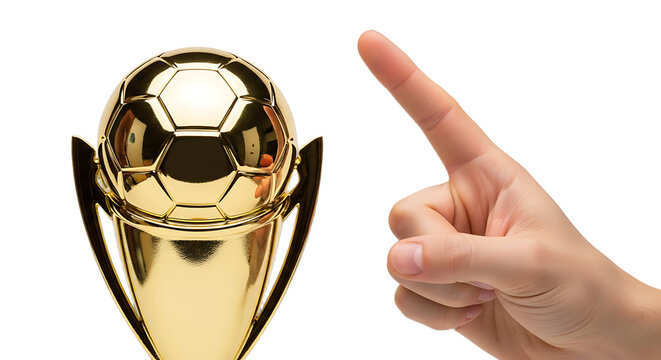 A hand pointing to a shiny gold soccer trophy on a dark background 2026 soccer world championship