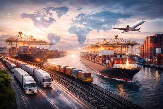 Busy international logistics scene with cargo ships, freight trains, trucks and airplane under world map overlay, representing global transportation and supply chain operations.