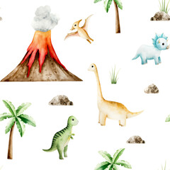 Seamless pattern with dinosaurs, volcano eruption, palm tree, sun and clouds. Watercolor hand drawn prehistoric triceratops, diplodocus, Spinosaurus, Brachiosaurus animal. Isolated illustration on © Natalia